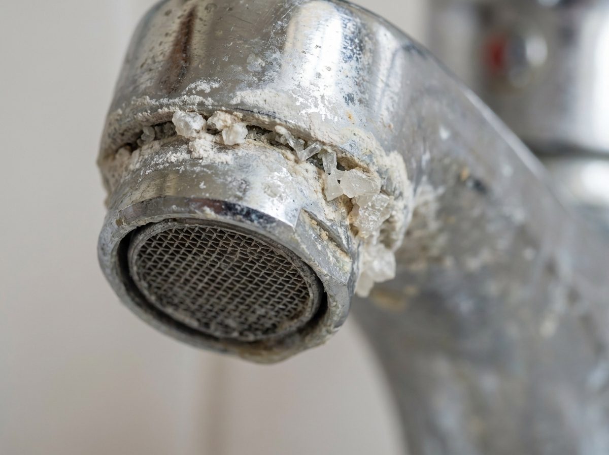 Heavy white limescale and hard water mineral buildup on a chrome faucet