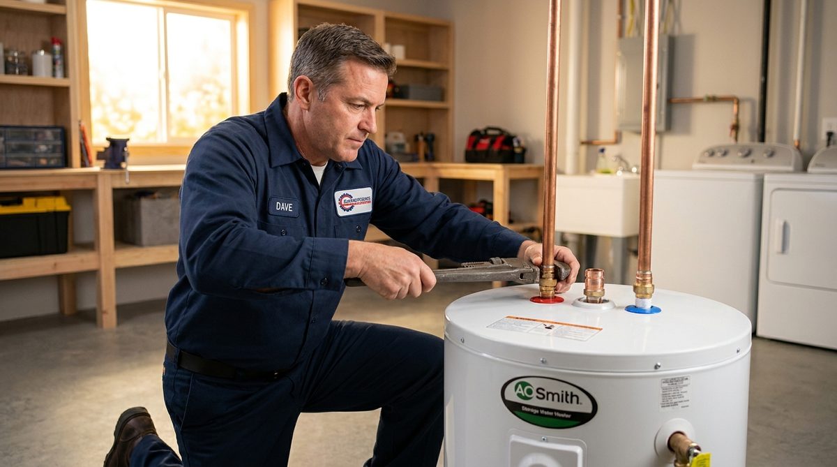 Licensed plumber installing a new residential water heater in a Utah home