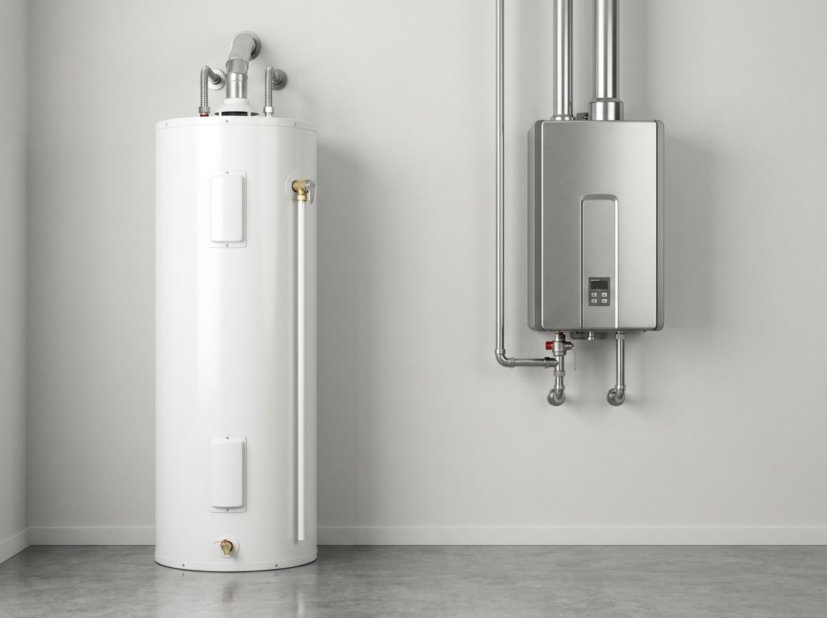 Traditional tank water heater next to a modern wall-mounted tankless unit