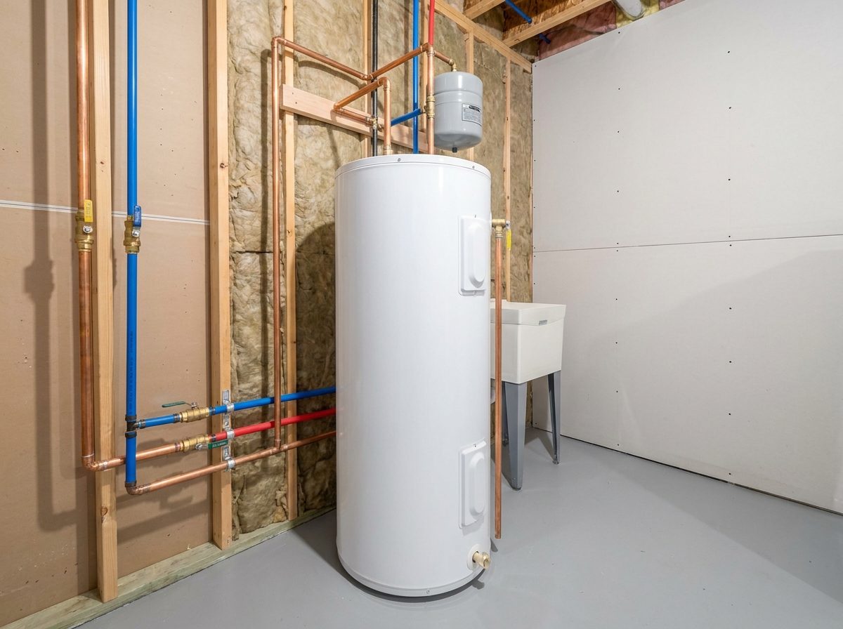 Newly installed water heater with copper and PEX connections in a Utah basement