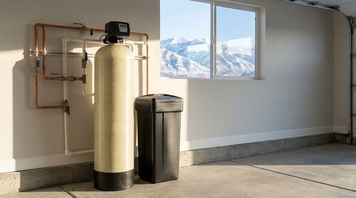 Whole-home water softener system installed in a Utah garage with mountains in the background
