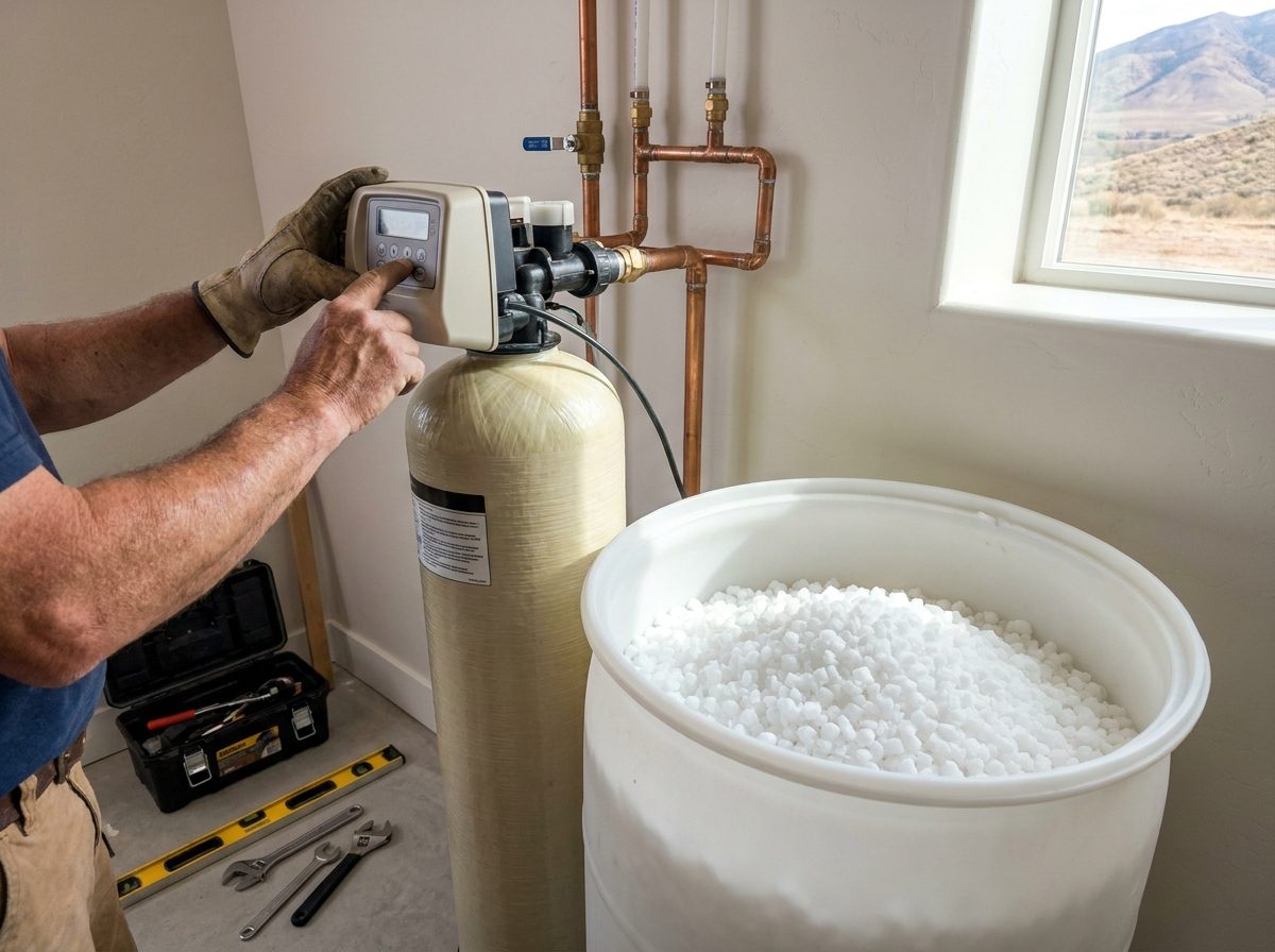 Plumber programming the control valve on a newly installed water softener in Utah